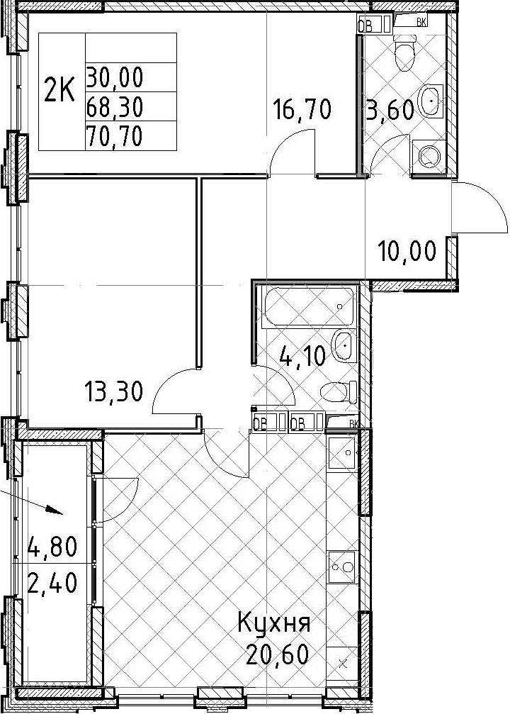 2-комнатная квартира 70.7 м², 2/13 эт., ЖК «Тайм Сквер»